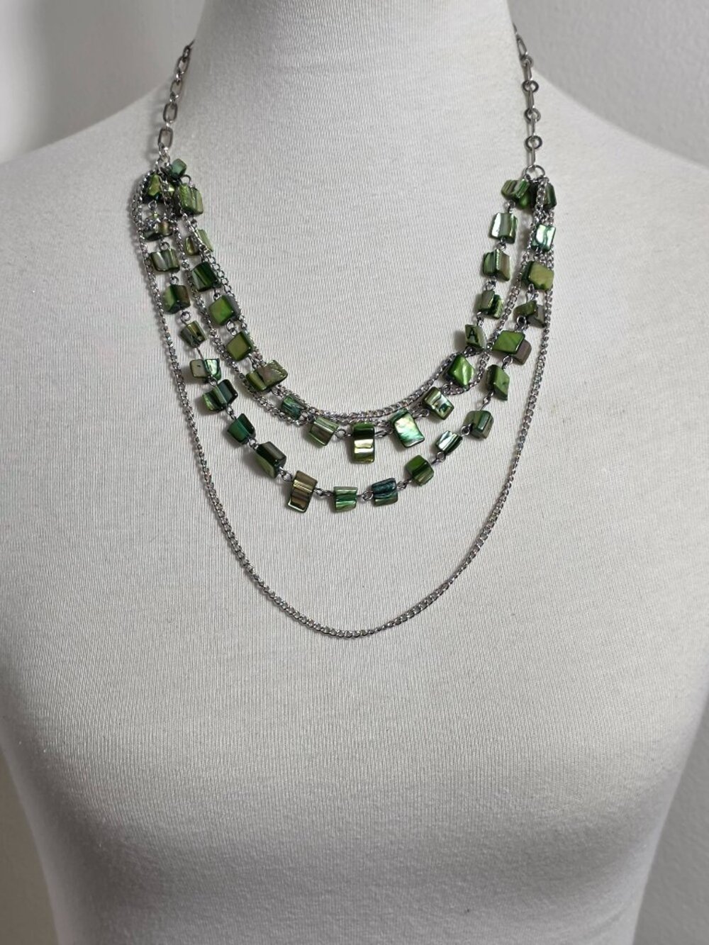 Multi-Strand Statement Necklace Coastal Theme Green Abalone Shells Silver Chains